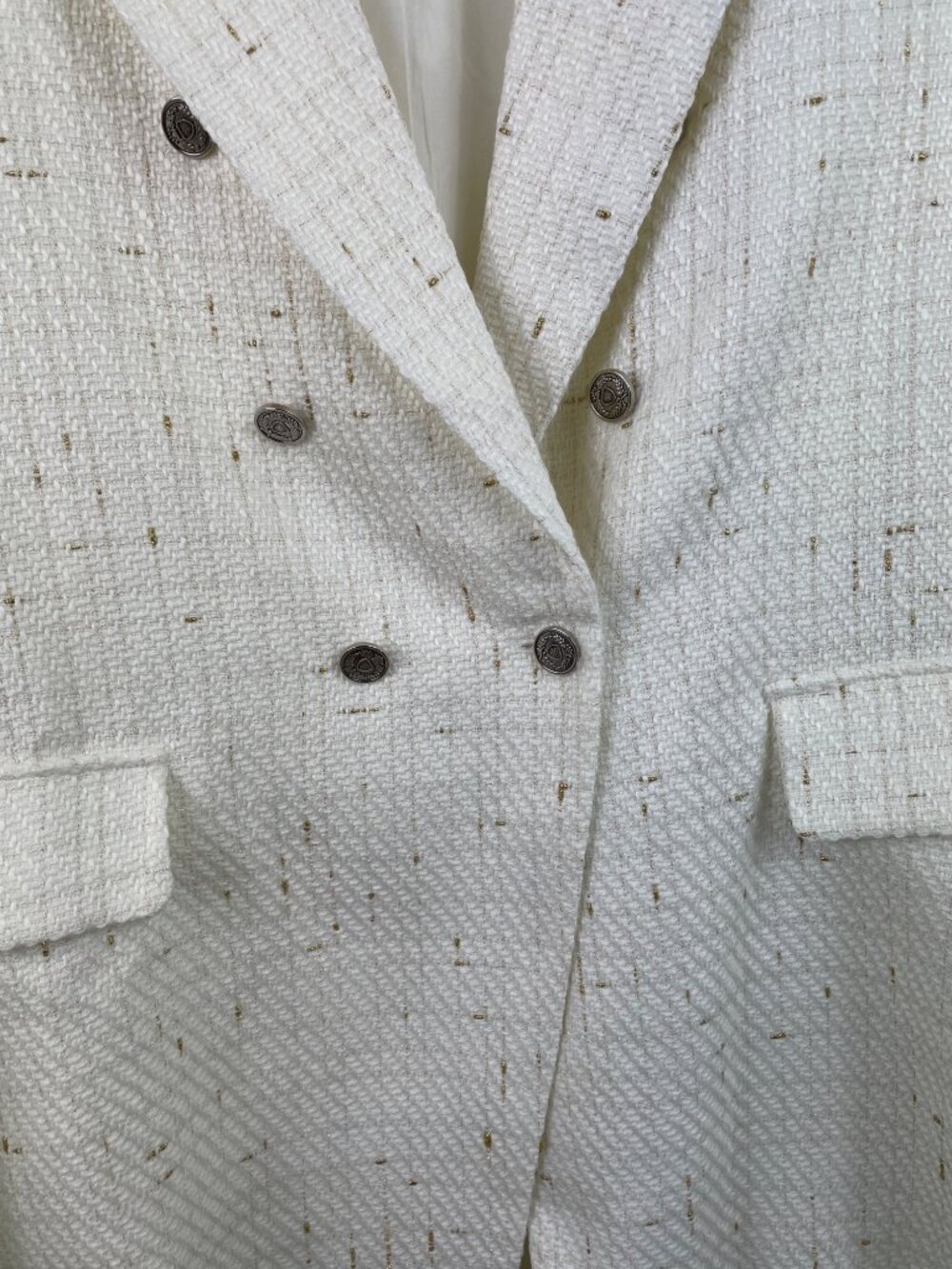 Mina Self Tweed Blazer Jacket Size XXL Ivory Gold Thread Plaid Double Breasted - Picture 6 of 12
